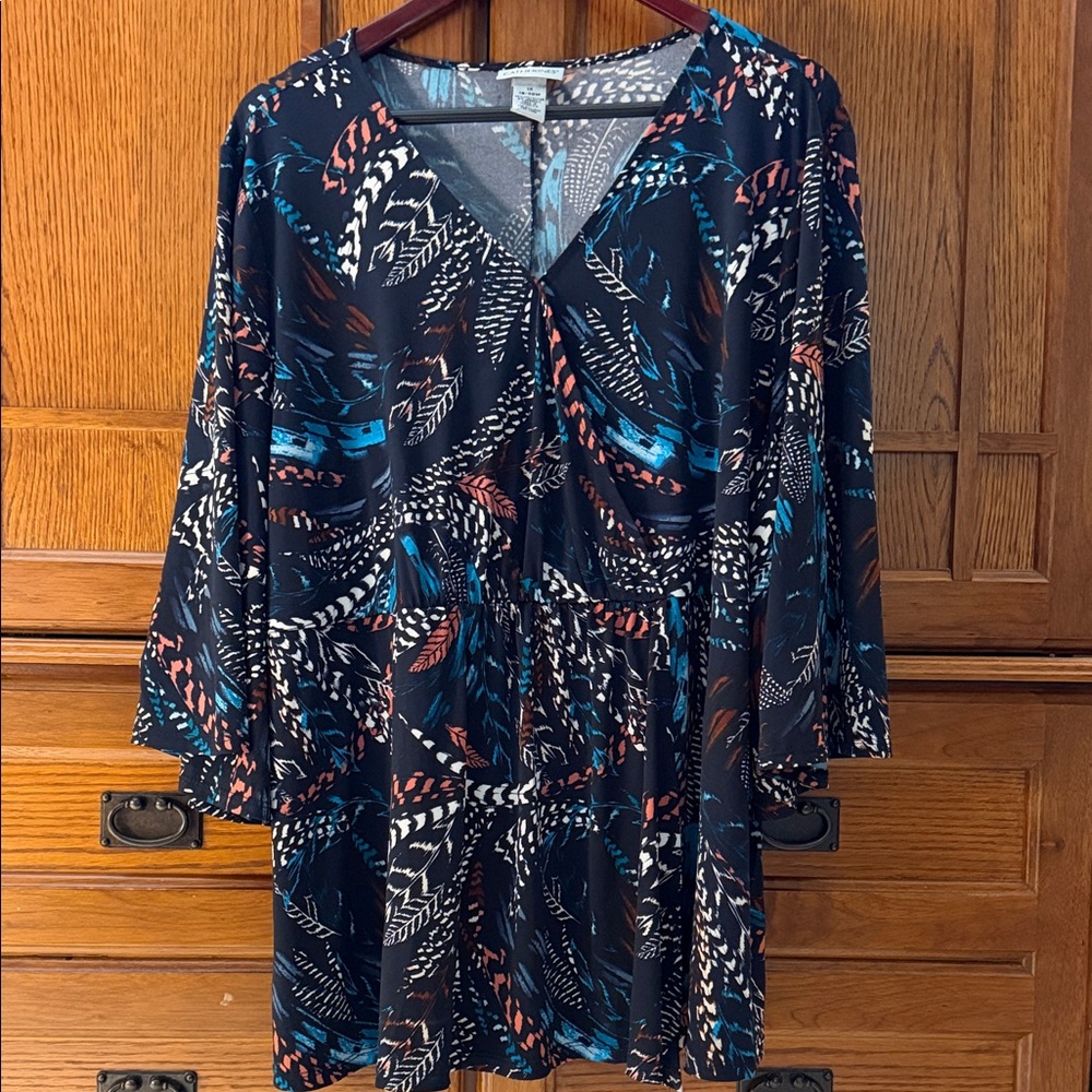Catherines Multicolor Feather Print Blouse Surplice Faux Wrap 3/4 Bell Sleeve